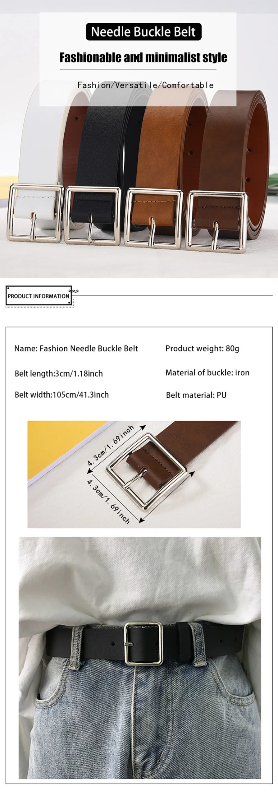 Casual PU Leather Belt for Women with Square Buckle Casual PU Leather Belt for Women with Square Buckle