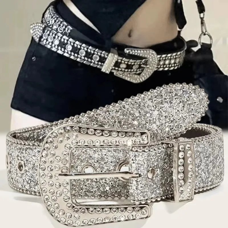 Women Rhinestone Crystal Belt Y2K Sparkling PU Leather