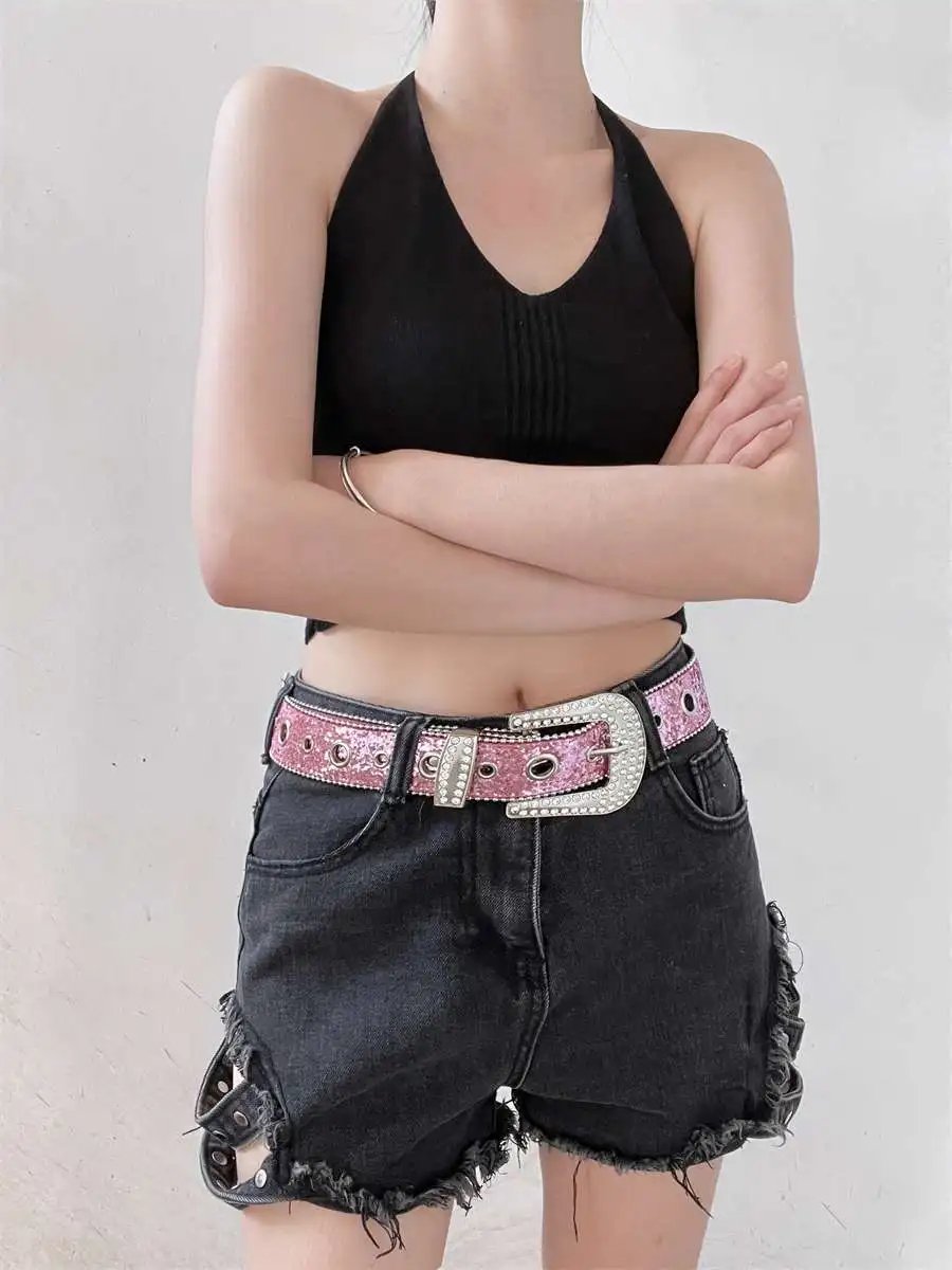 Women Rhinestone Crystal Belt Y2K Sparkling PU Leather Women Rhinestone Crystal Belt Y2K Sparkling PU Leather