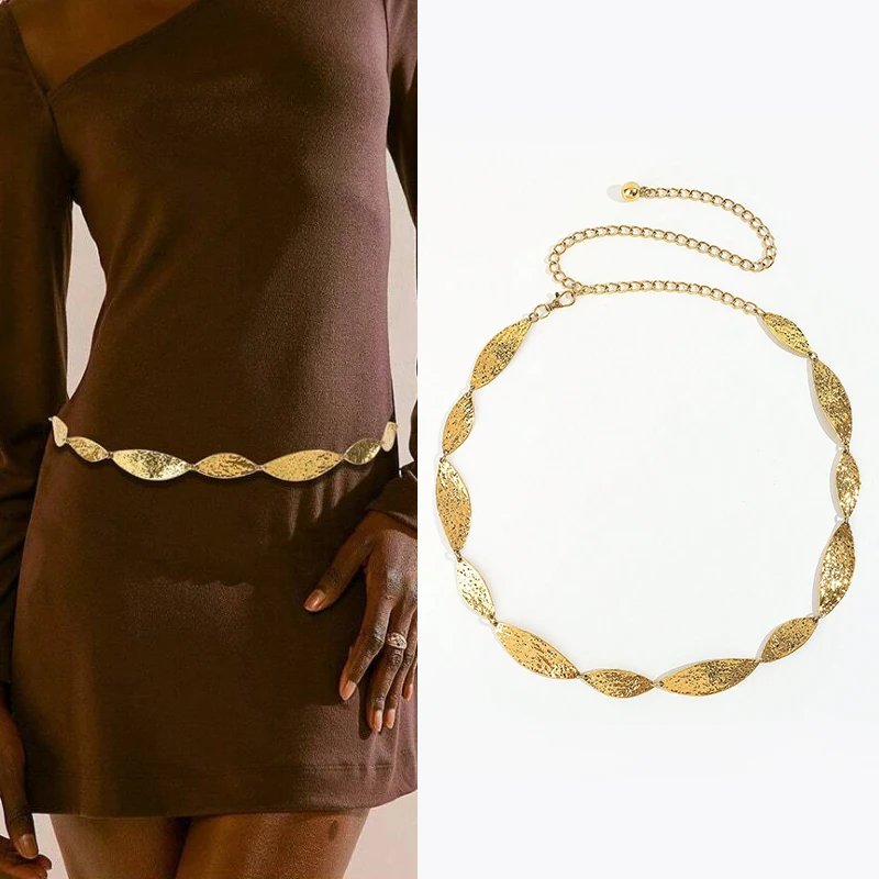 Women Golden Chain Belt Metal Leaf Waist Jewelry