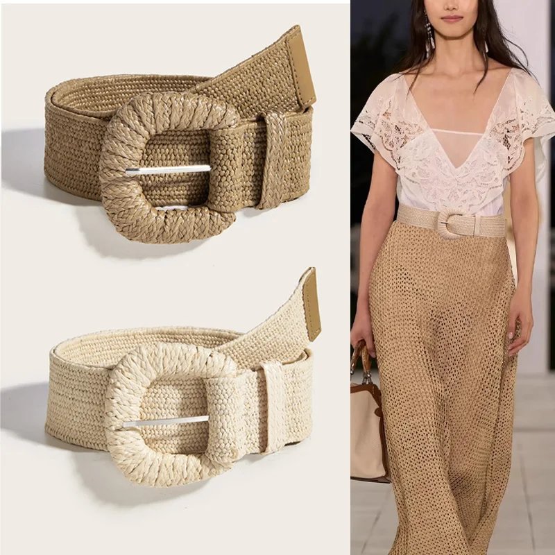 Women Boho Braided Straw Waist Belt