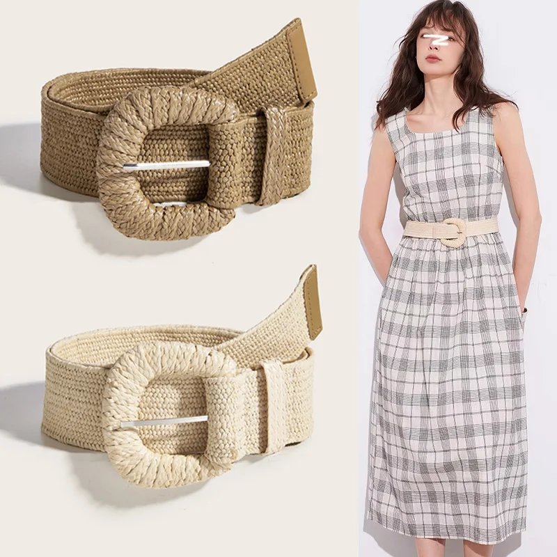 Women Boho Braided Straw Waist Belt Women Boho Braided Straw Waist Belt