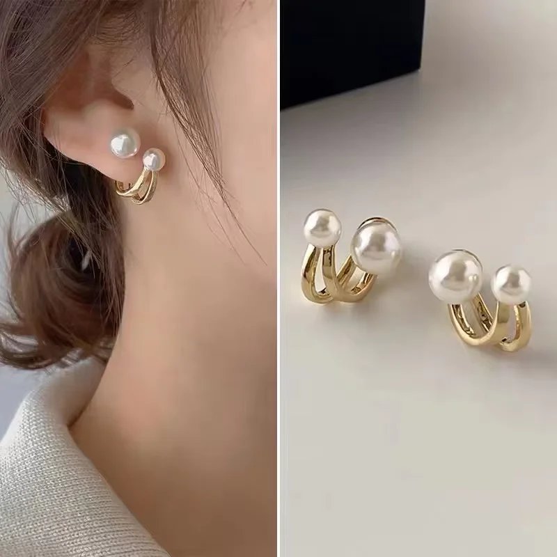 Pearl Stud Earrings – Gold Double Hoop Elegant Jewelry