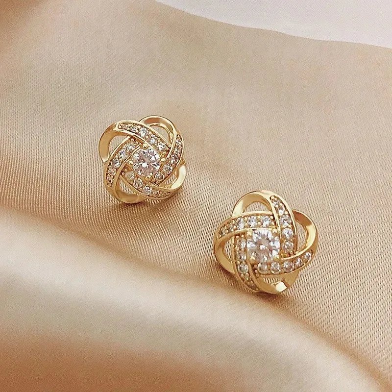 Zircon Heart Earrings – Crystal Knot Studs for Women