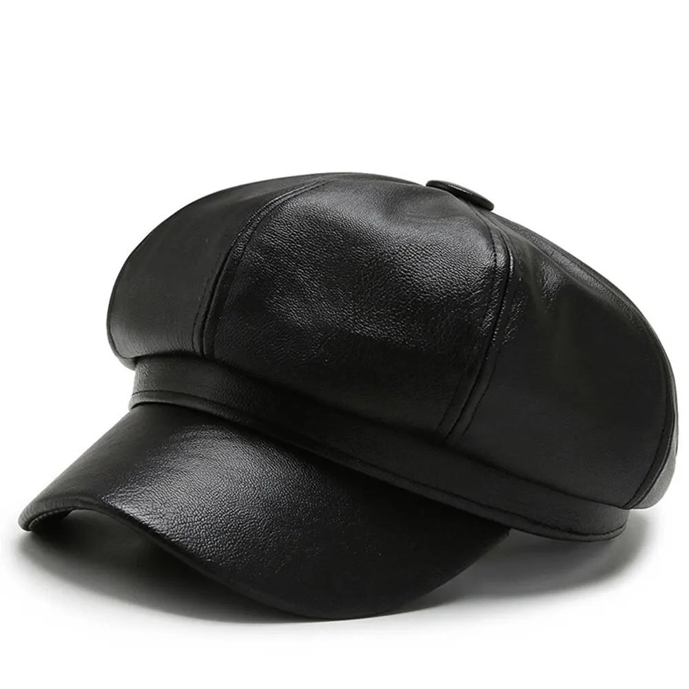 Women Retro PU Leather Octagonal Beret Hat