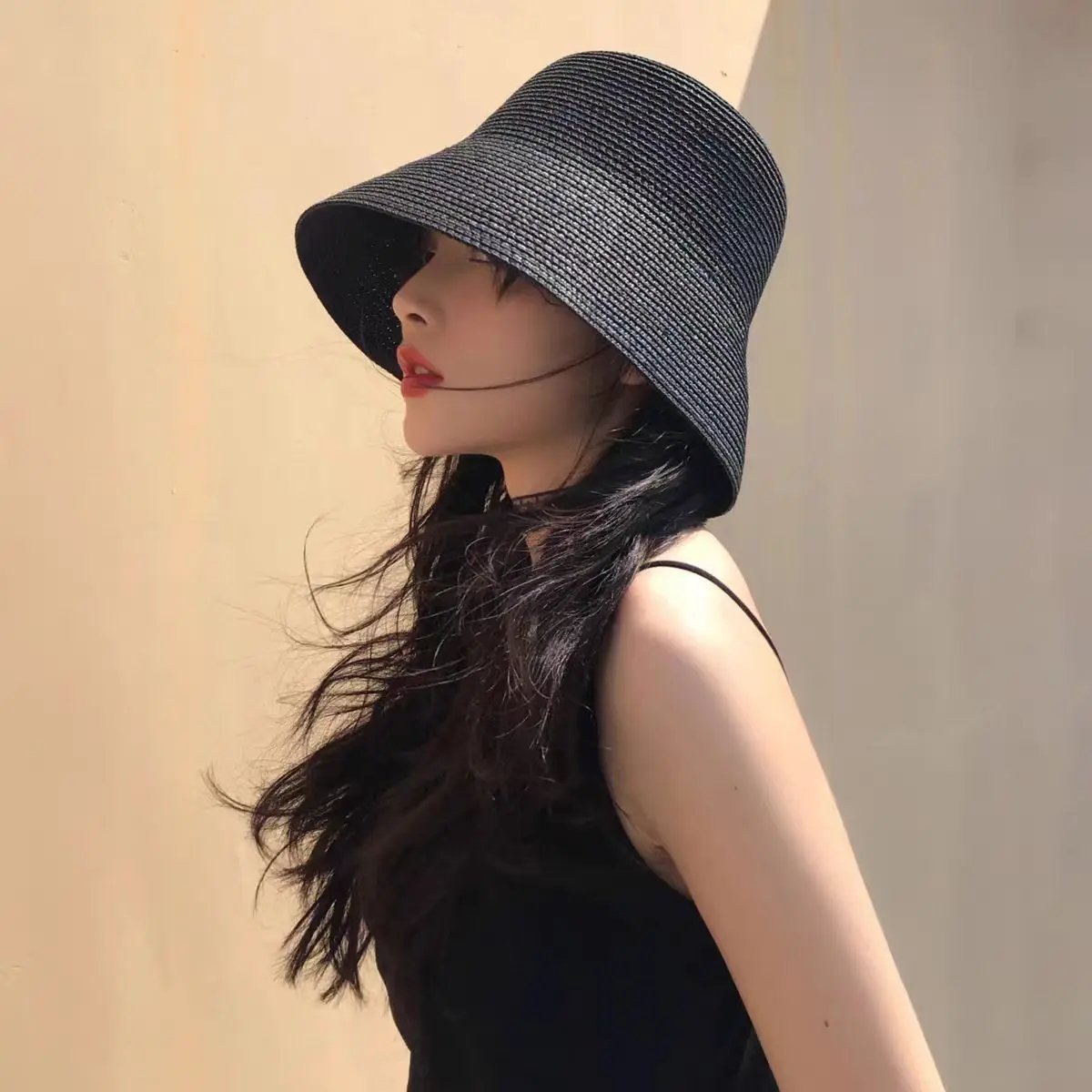 Women Vintage Straw Bucket Hat Summer Beach Women Vintage Straw Bucket Hat Summer Beach