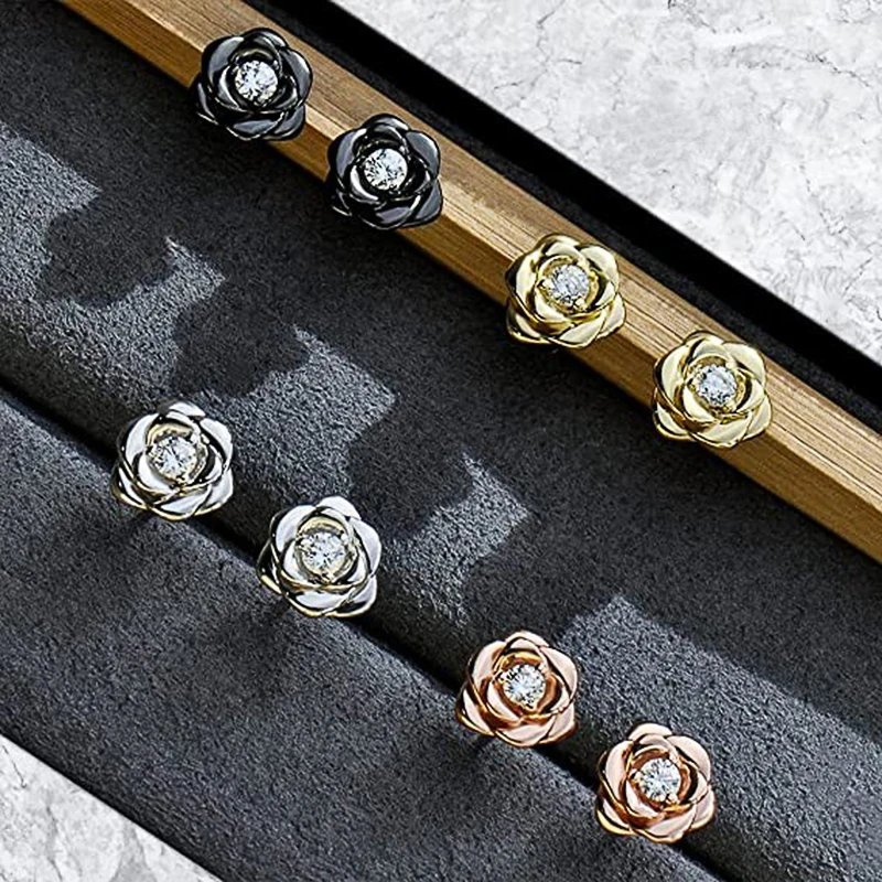 Rose Stud Earrings – Luxury Gold Floral Zircon Design Rose Stud Earrings – Luxury Gold Floral Zircon Design