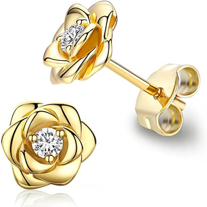 Rose Stud Earrings – Luxury Gold Floral Zircon Design Rose Stud Earrings – Luxury Gold Floral Zircon Design