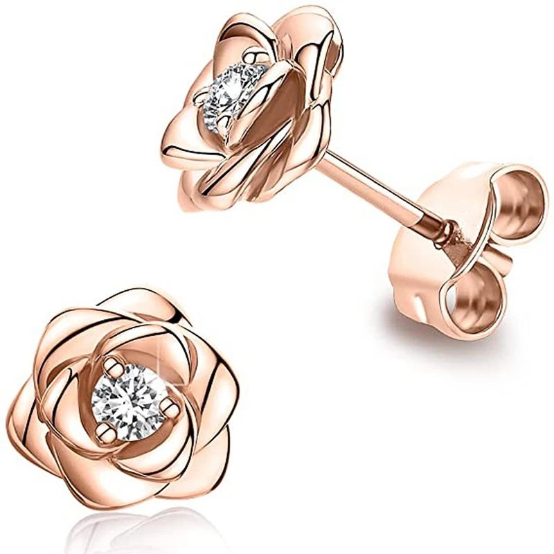 Rose Stud Earrings – Luxury Gold Floral Zircon Design Rose Stud Earrings – Luxury Gold Floral Zircon Design