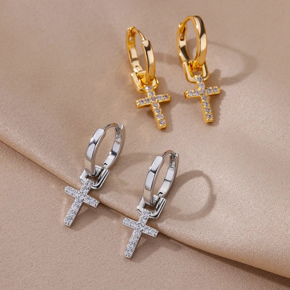 Gold Cross Earrings – Elegant Zircon Drop Design Gold Cross Earrings – Elegant Zircon Drop Design