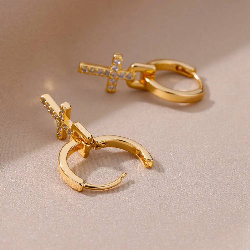 Gold Cross Earrings – Elegant Zircon Drop Design Gold Cross Earrings – Elegant Zircon Drop Design