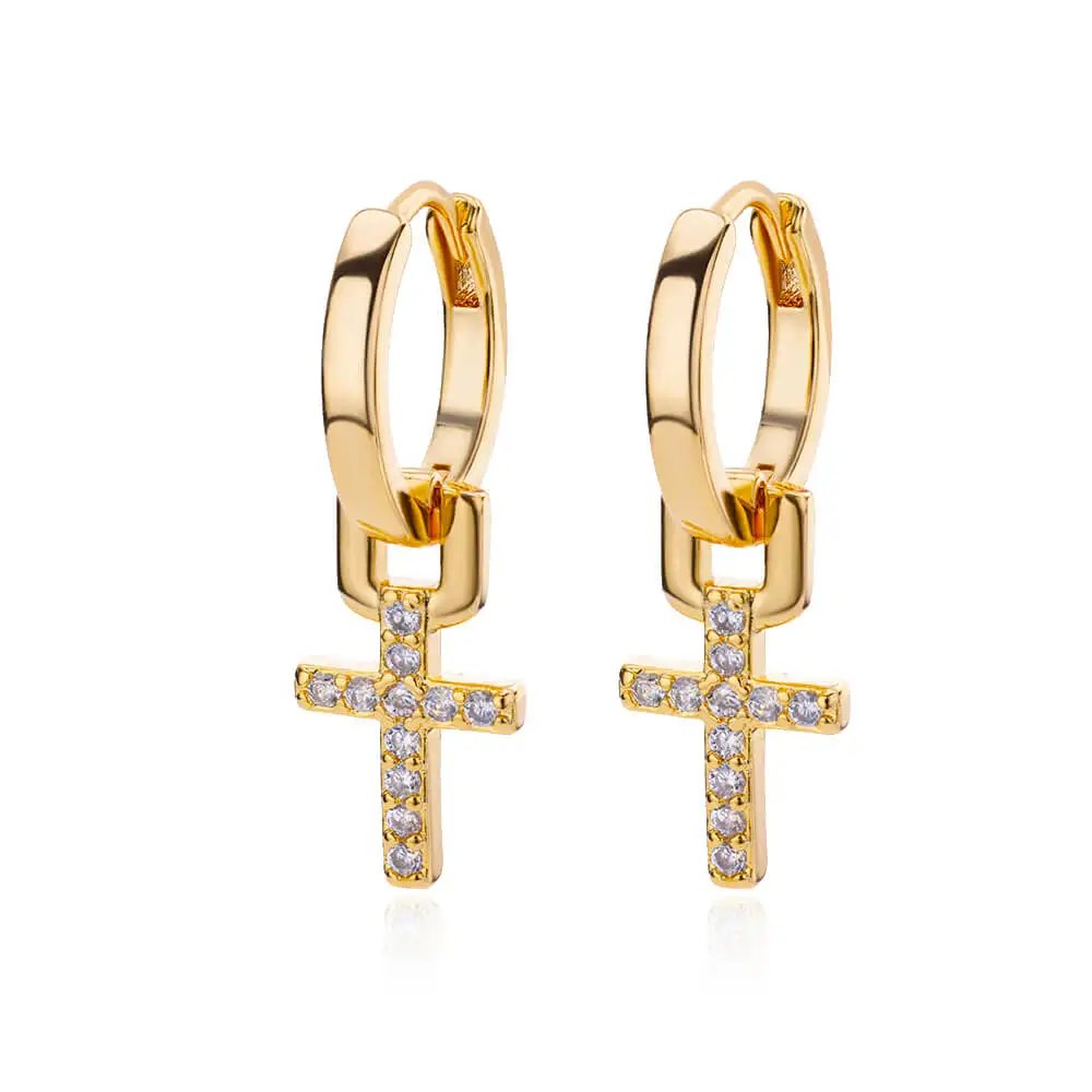 Gold Cross Earrings – Elegant Zircon Drop Design Gold Cross Earrings – Elegant Zircon Drop Design