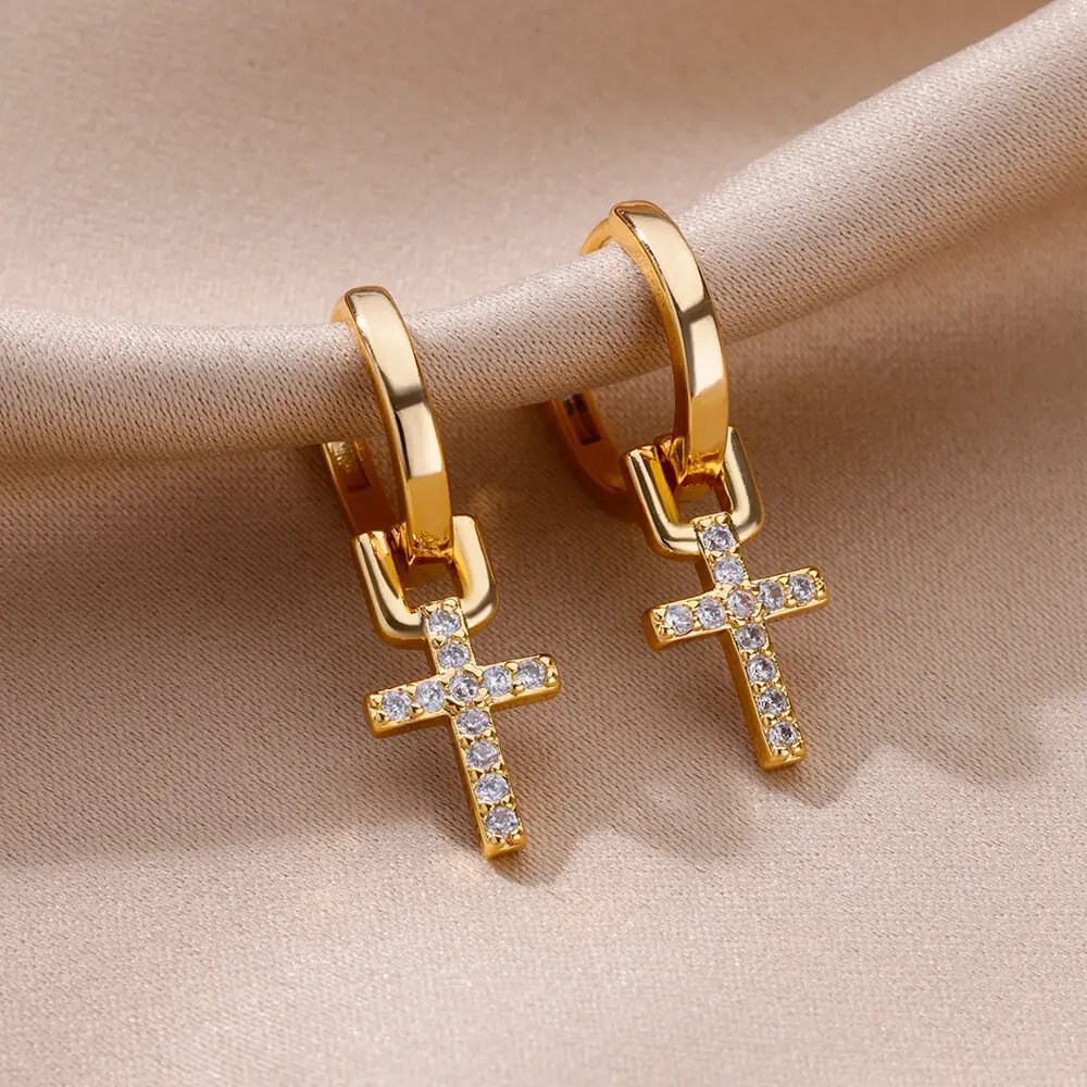 Gold Cross Earrings – Elegant Zircon Drop Design Gold Cross Earrings – Elegant Zircon Drop Design