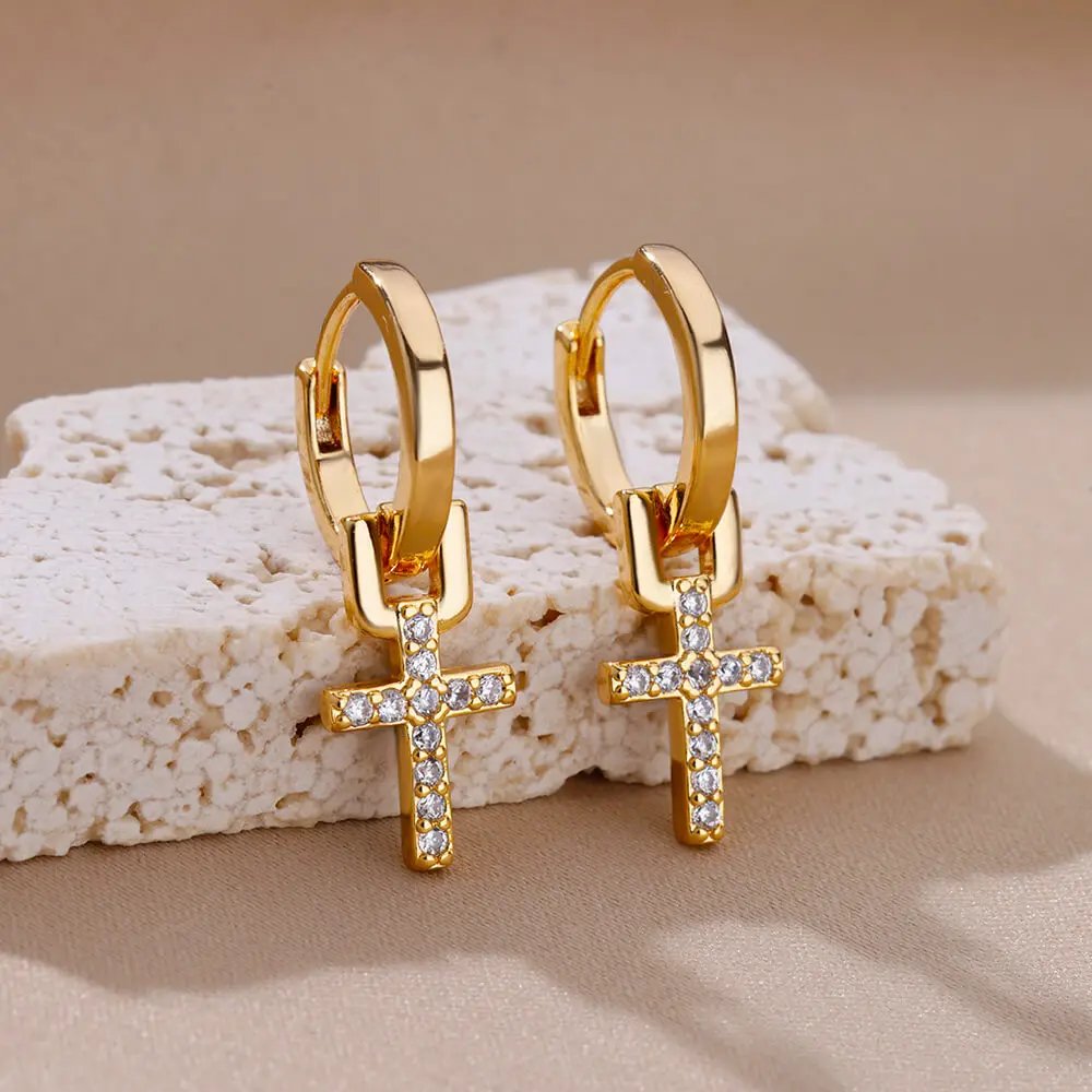 Gold Cross Earrings – Elegant Zircon Drop Design Gold Cross Earrings – Elegant Zircon Drop Design