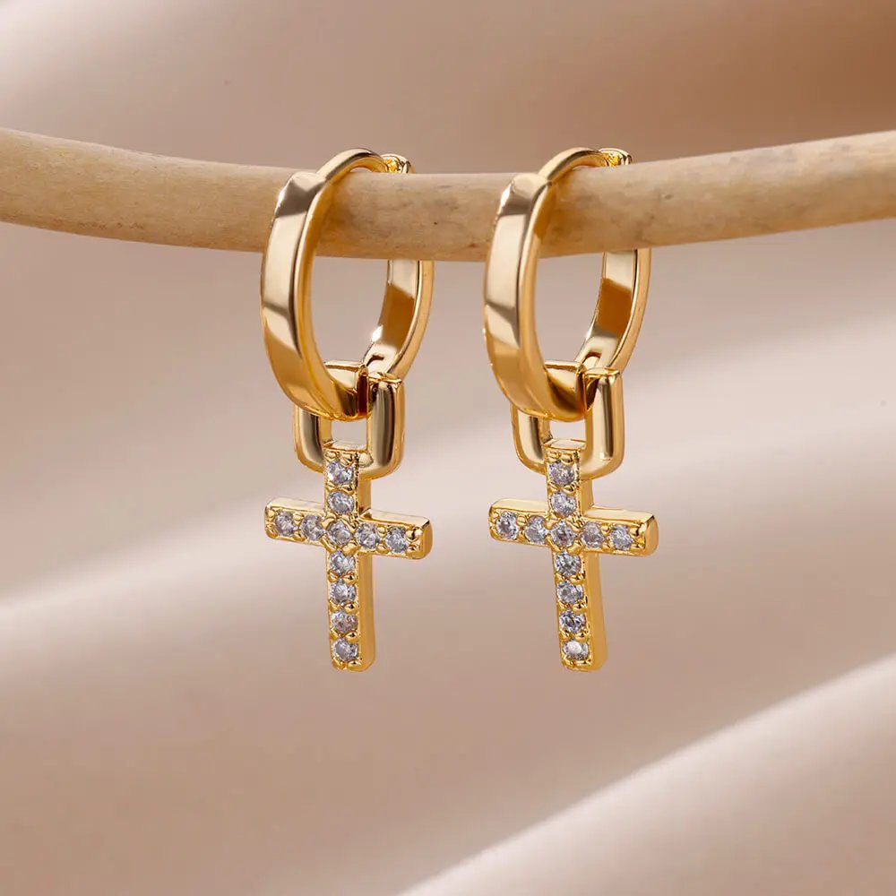 Gold Cross Earrings – Elegant Zircon Drop Design Gold Cross Earrings – Elegant Zircon Drop Design