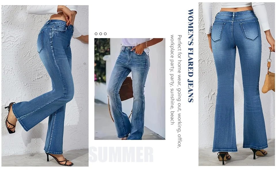 High Waist Flared Jeans Women – Slim Fit Blue Denim
