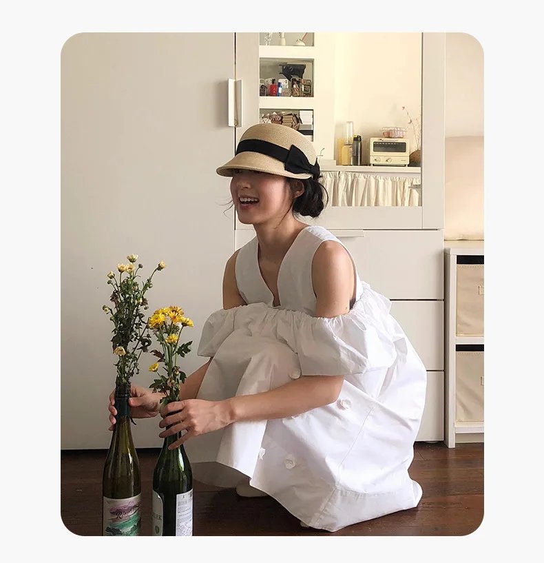 Women Straw Duckbill Hat with Bow Summer Style