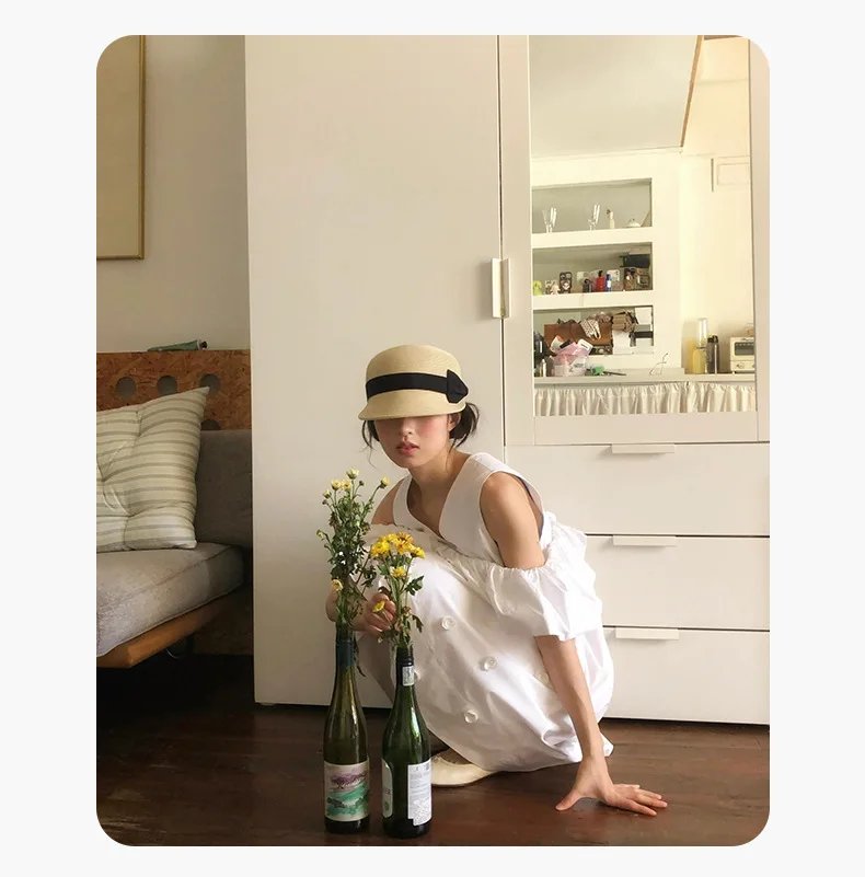 Women Straw Duckbill Hat with Bow Summer Style