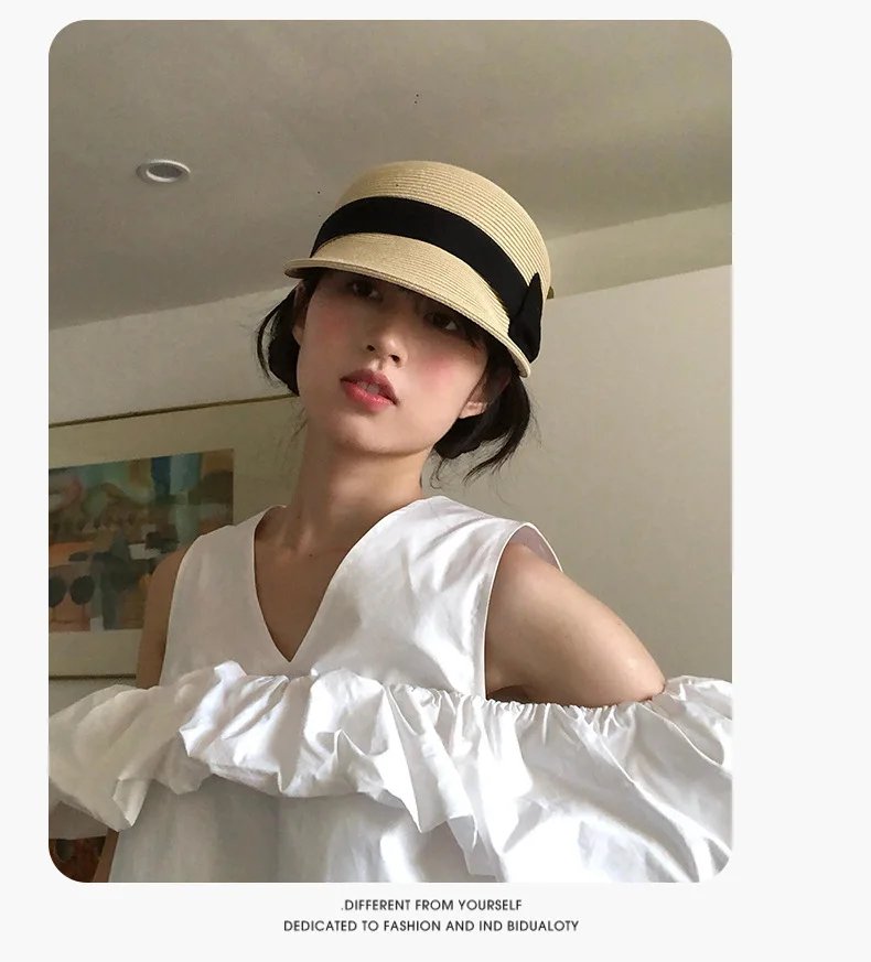 Women Straw Duckbill Hat with Bow Summer Style