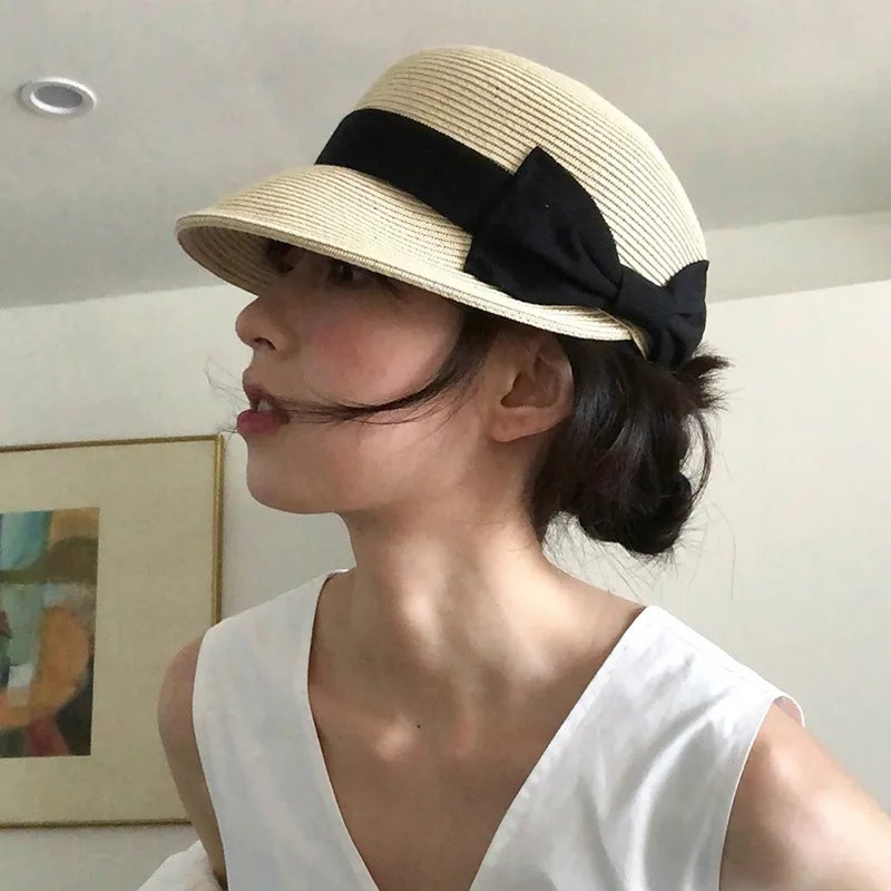 Women Straw Duckbill Hat with Bow Summer Style