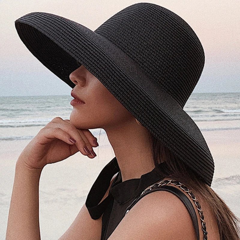 Ladies Black Floppy Straw Beach Hat