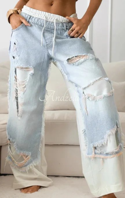 Women’s Ripped Patchwork Wide Leg Jeans – Elastic Waist Style