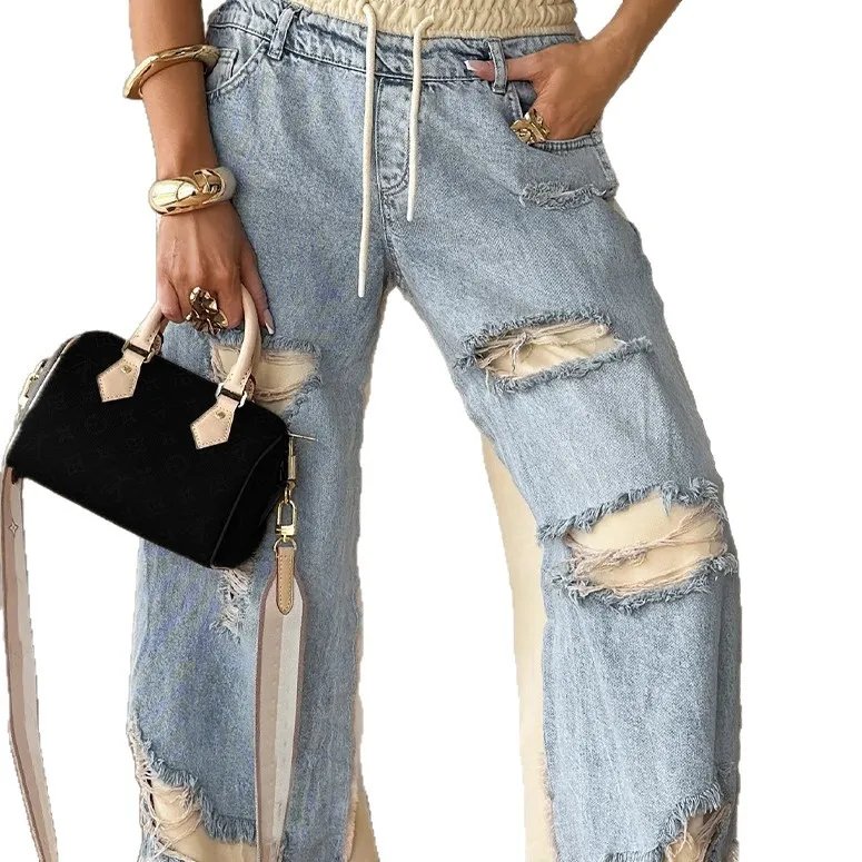 Women’s Ripped Patchwork Wide Leg Jeans – Elastic Waist Style