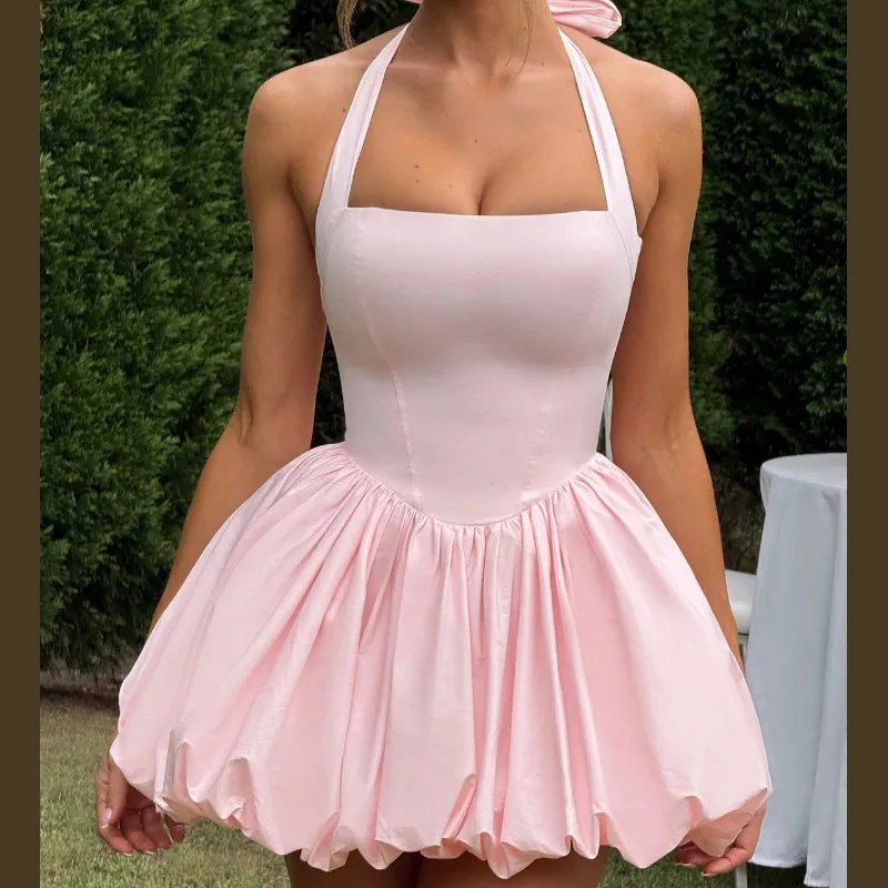Pink Corset Puffball Mini Dress for Women – Satin Party Look