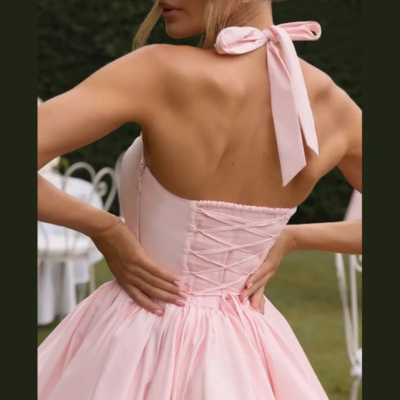 Pink Corset Puffball Mini Dress for Women – Satin Party Look