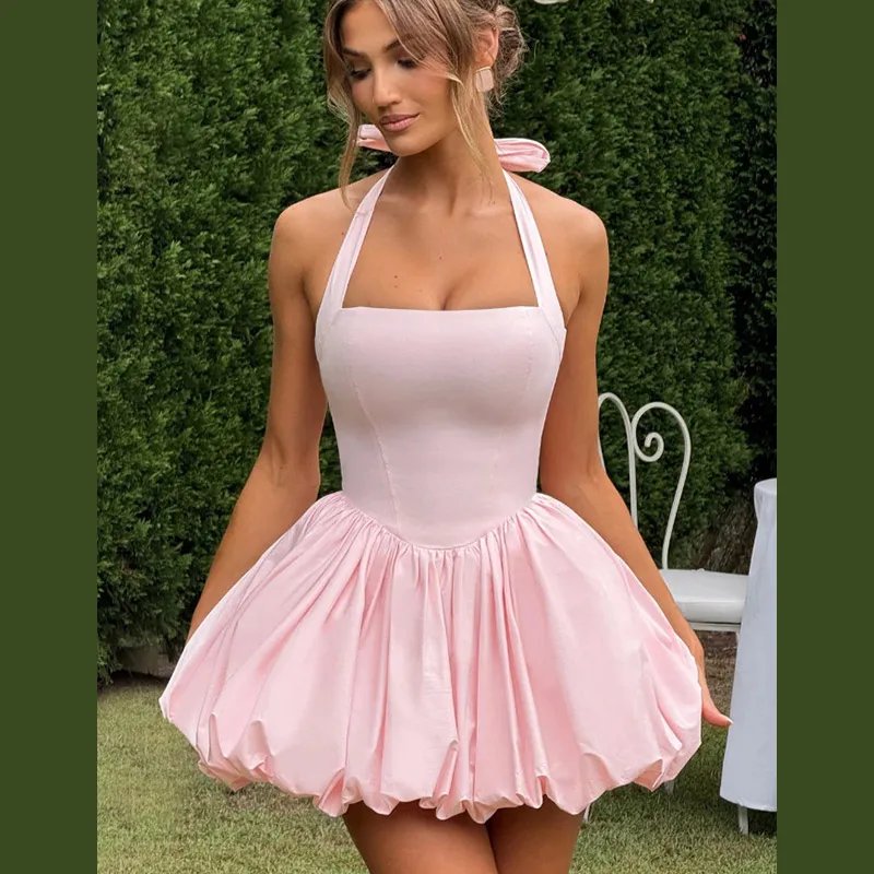 Pink Corset Puffball Mini Dress for Women – Satin Party Look