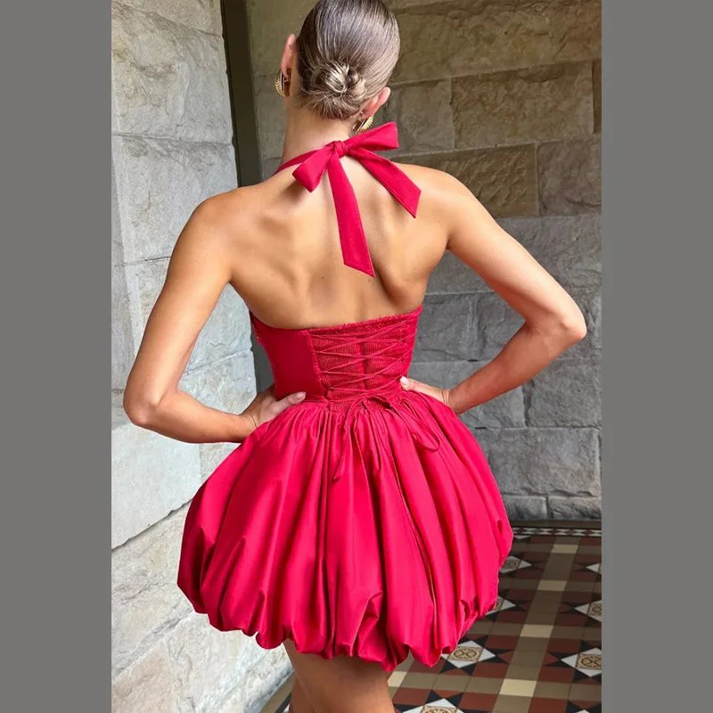 Pink Corset Puffball Mini Dress for Women – Satin Party Look