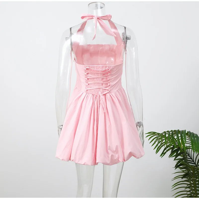 Pink Corset Puffball Mini Dress for Women – Satin Party Look