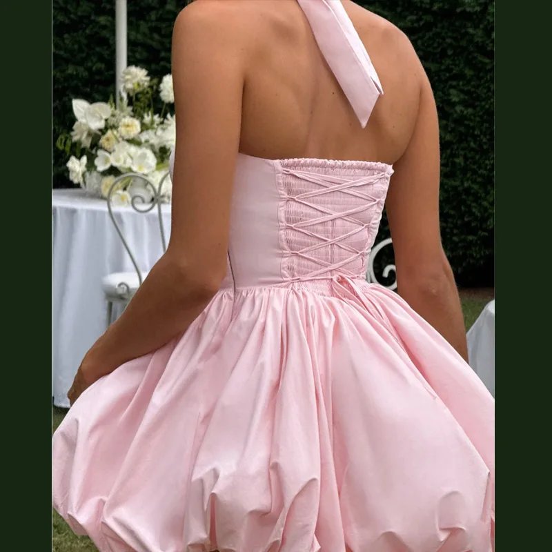 Pink Corset Puffball Mini Dress for Women – Satin Party Look