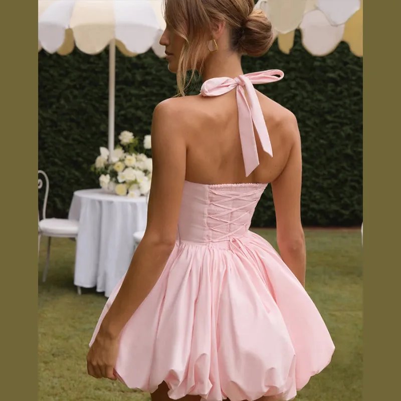 Pink Corset Puffball Mini Dress for Women – Satin Party Look