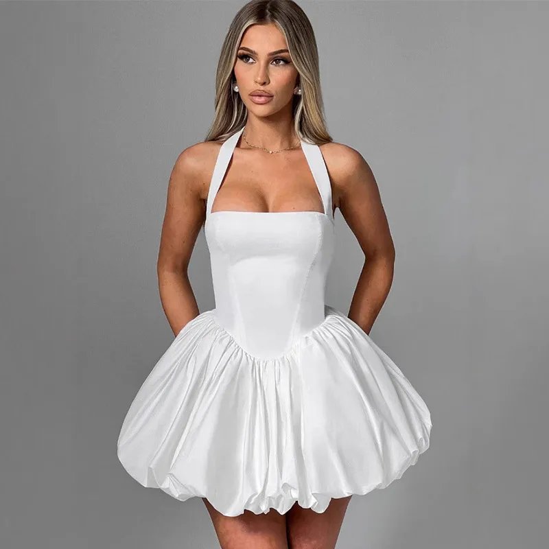 Pink Corset Puffball Mini Dress for Women – Satin Party Look