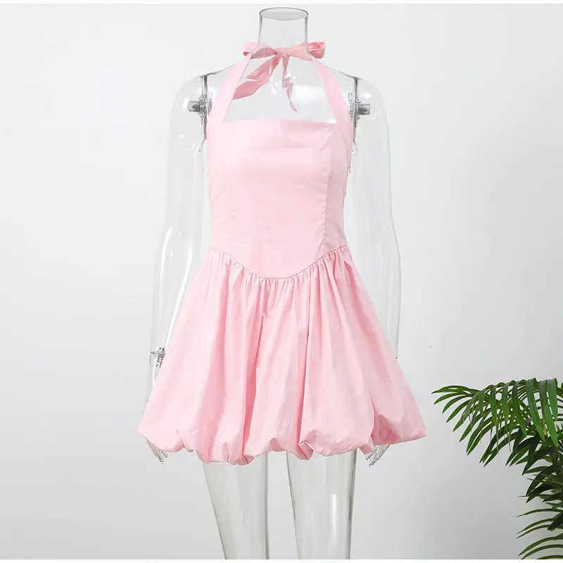 Pink Corset Puffball Mini Dress for Women – Satin Party Look