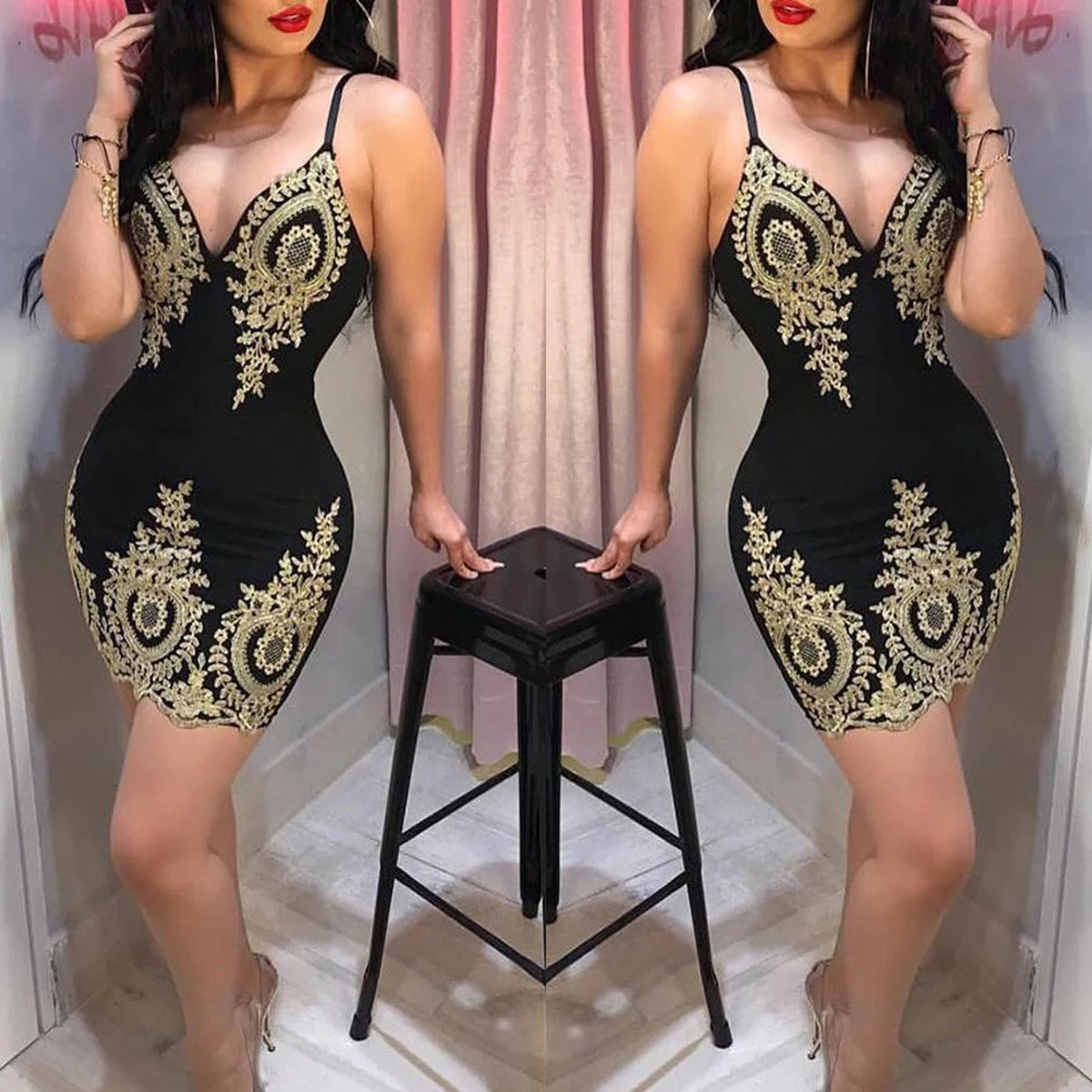 Embroidered Slim-Fit Halter Mini Dress