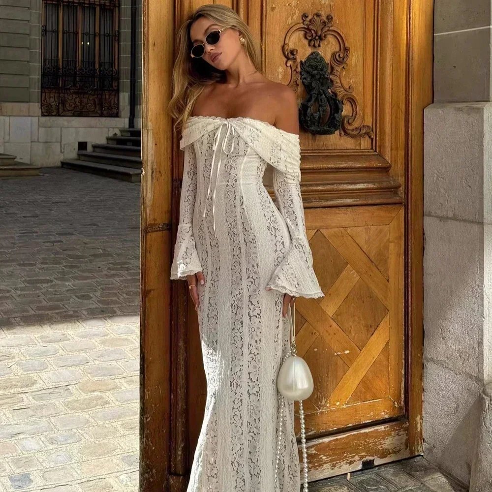 White Lace Off-The-Shoulder Elegant Maxi Dress