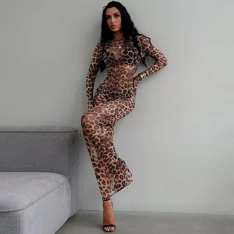 Leopard Print Mesh See-Through Slim Maxi Dress