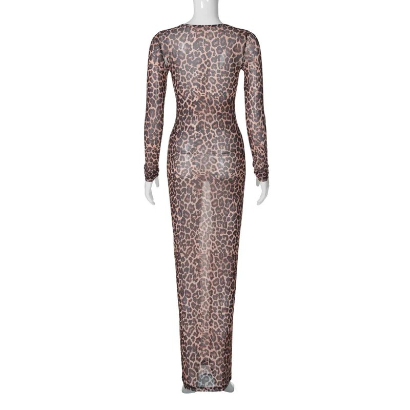 Leopard Print Mesh See-Through Slim Maxi Dress