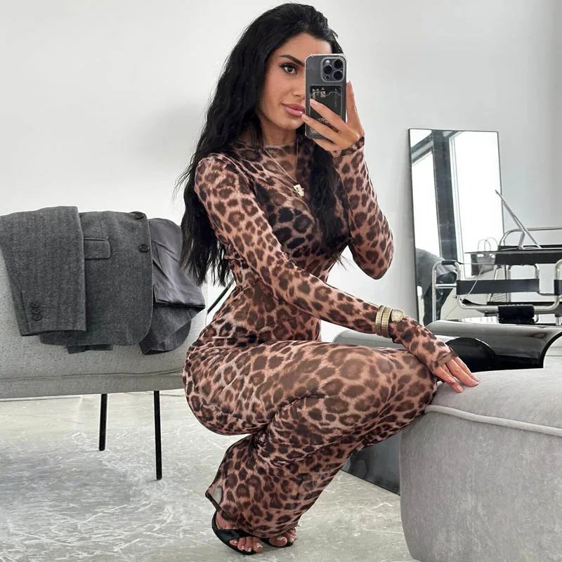 Leopard Print Mesh See-Through Slim Maxi Dress