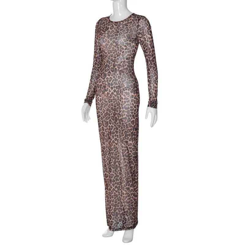 Leopard Print Mesh See-Through Slim Maxi Dress
