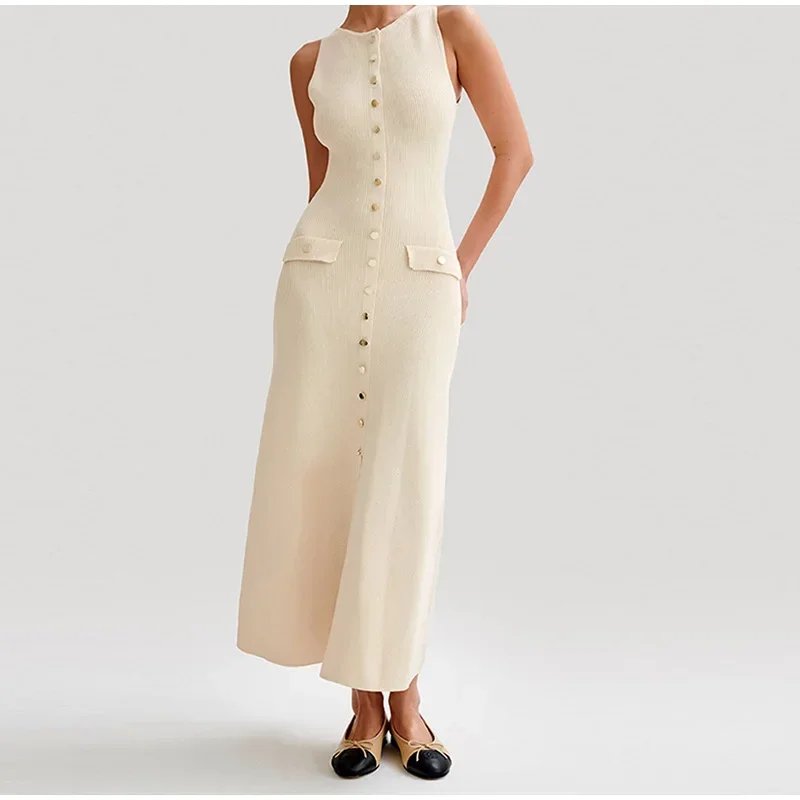 Knitted Single Breasted Button Bodycon Maxi Dress