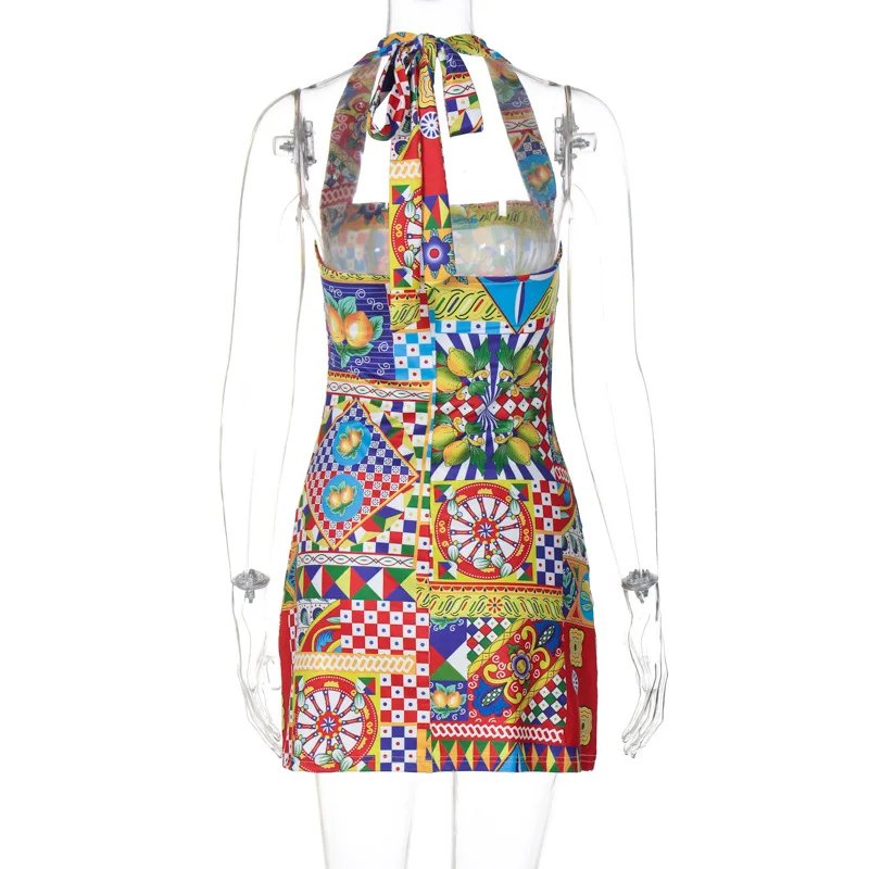 Bandage Halter Y2K Print Backless Mini Bodycon Dress