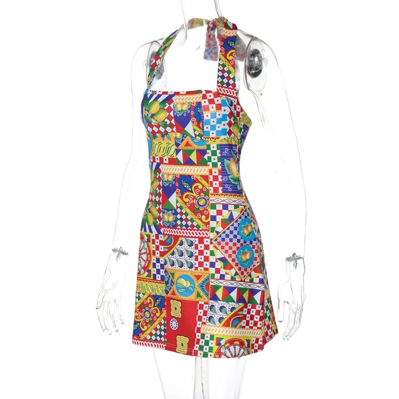 Bandage Halter Y2K Print Backless Mini Bodycon Dress