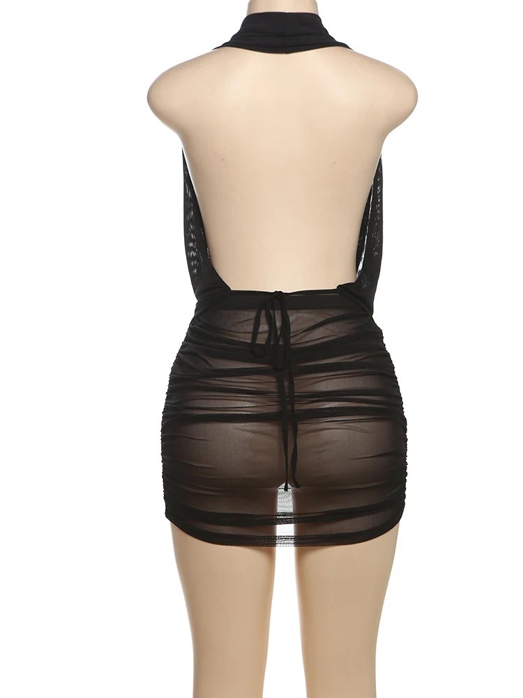 Halter Backless Mesh Pleated Mini Skirt 2 Piece Set