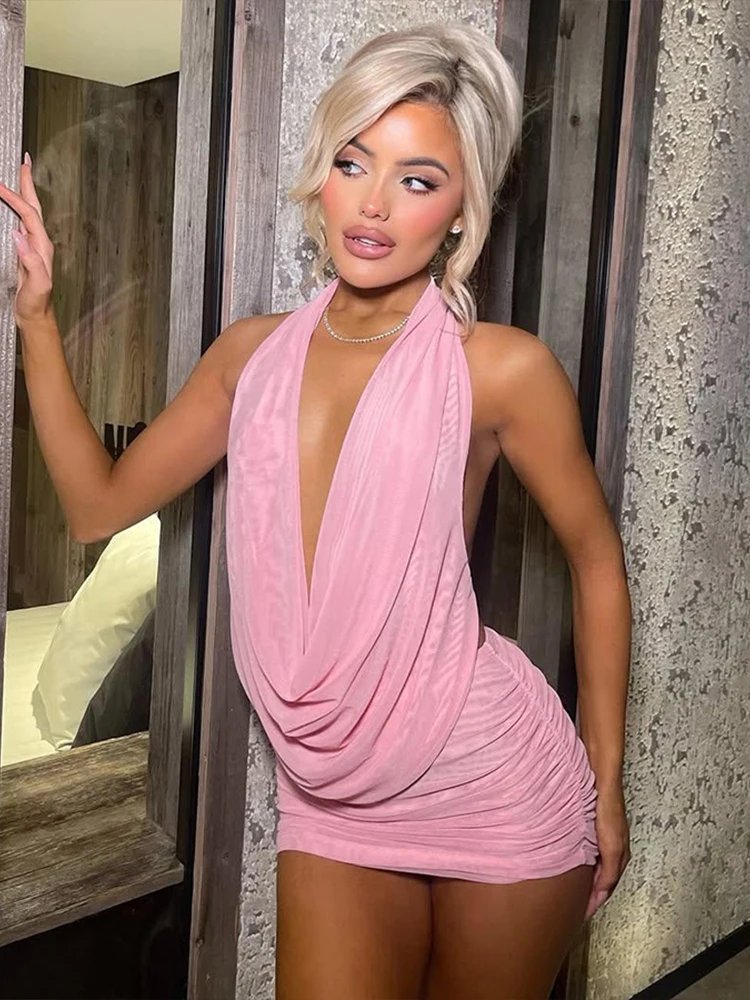 Halter Backless Mesh Pleated Mini Skirt 2 Piece Set