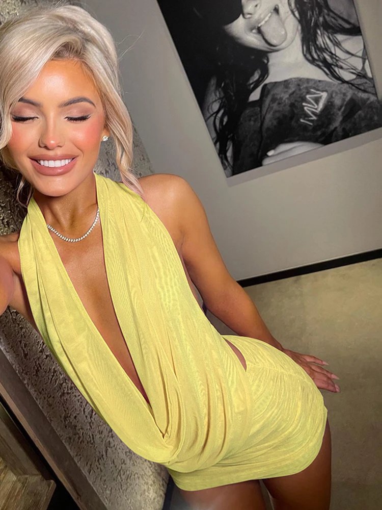 Halter Backless Mesh Pleated Mini Skirt 2 Piece Set