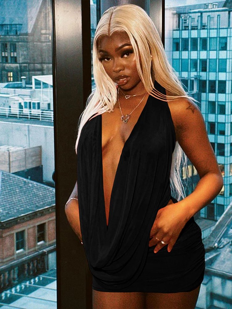 Halter Backless Mesh Pleated Mini Skirt 2 Piece Set