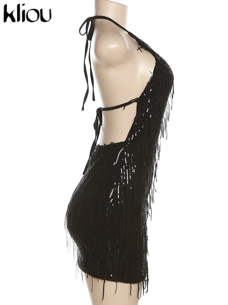 Shiny Tassel Halter Backless Mini Party Clubwear Dress